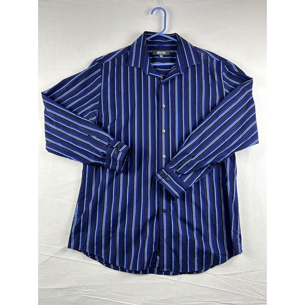 Kenneth Cole Reaction Mens Blue Striped Slim Fit Dress Shirt 16.5 32-33 Wrinkle